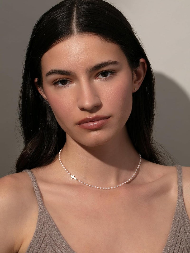 Robaice Pearl Cross Necklace for Women, Eternal Gold Pearl Necklace with Cross Pendant, Dainty Pearls and Cross Necklace Christian Faith Jewelry Gift - Image 4
